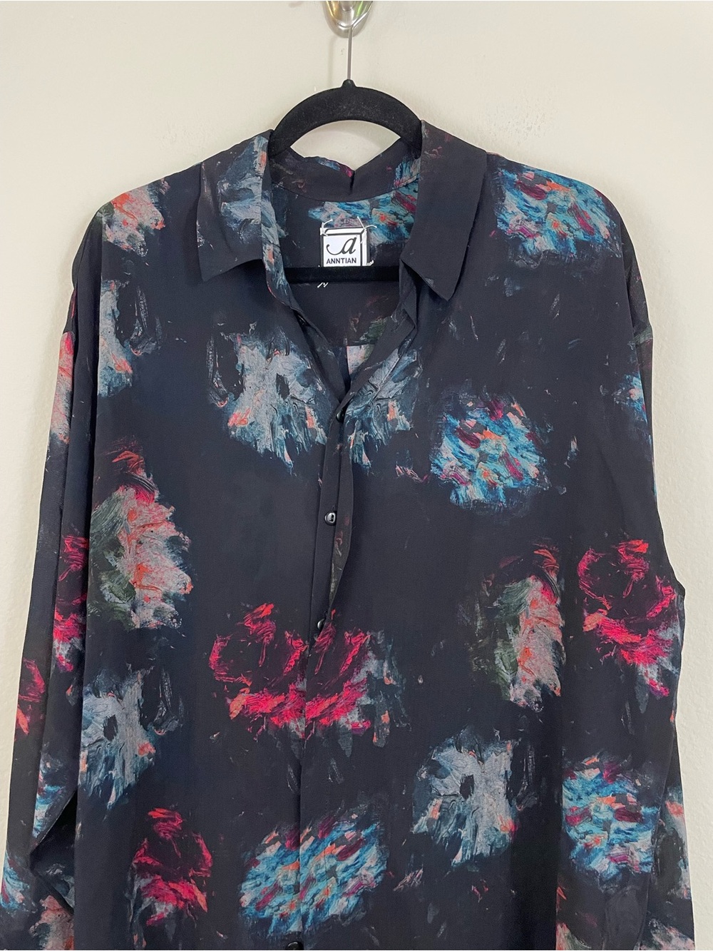 ANNTIAN Silk Oversized Abstract-Print Button Up Shirt One‎ Size Lagenlook Artsy - Picture 5 of 9
